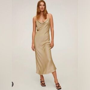 Satin Slip Midi Dress, Beige, Size S